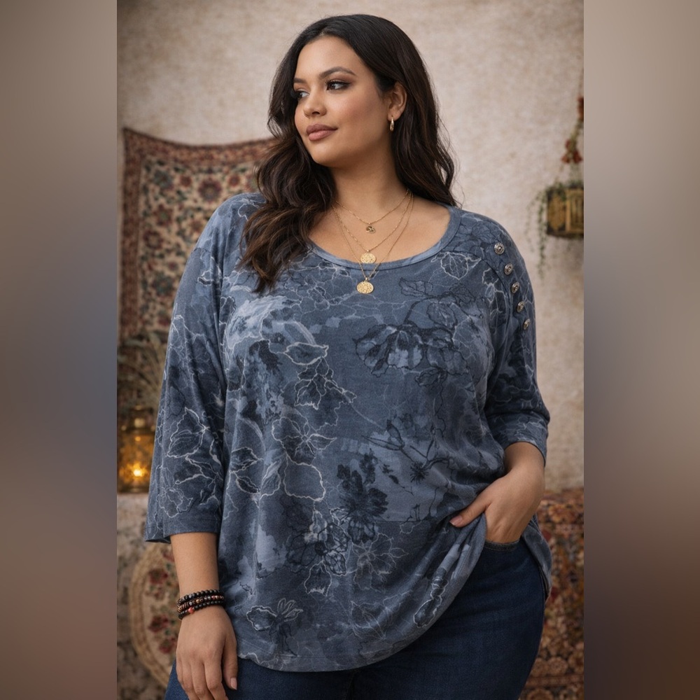 Susan Graver Weekend Floral Knit Top 3X Blue Gray Cotton Modal